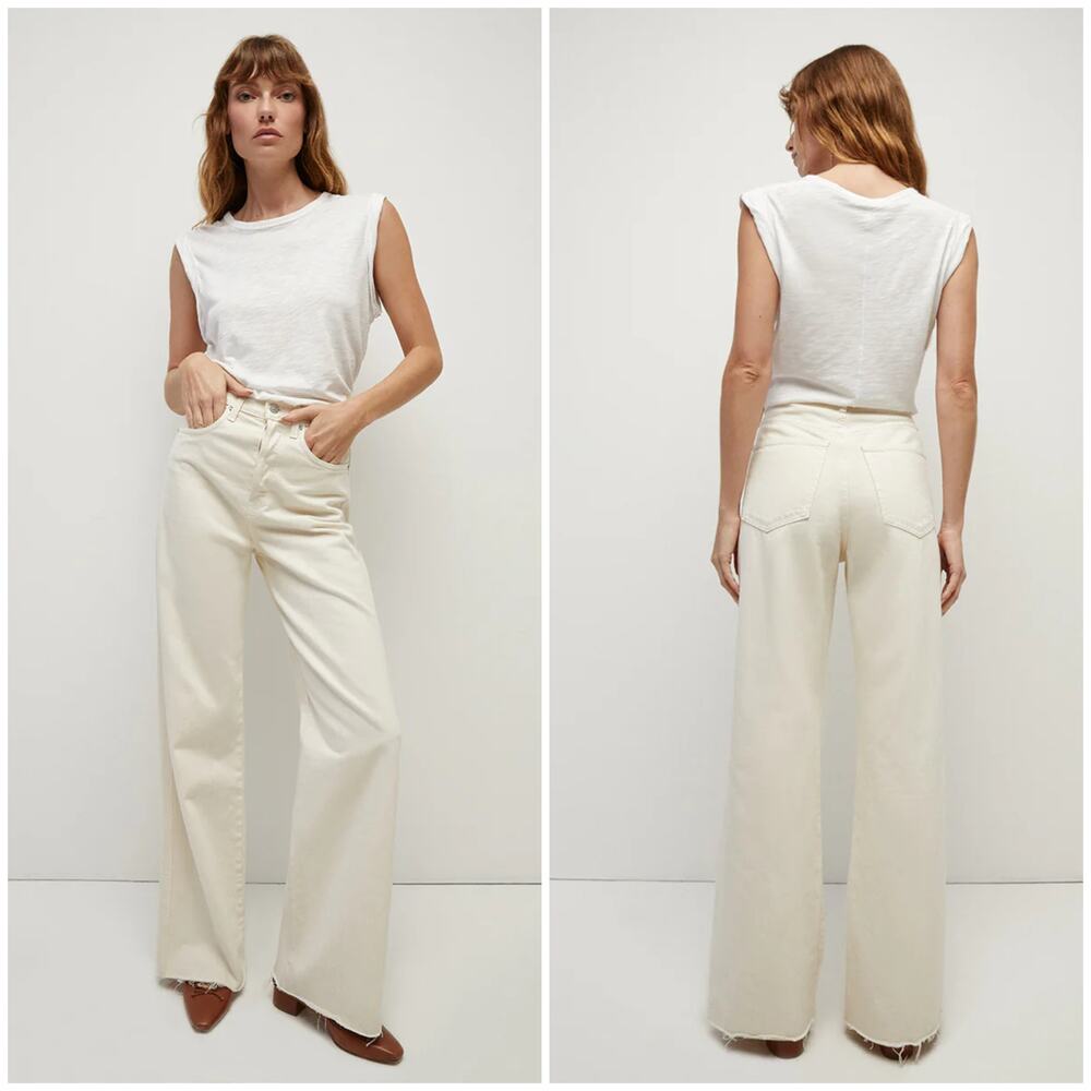 Veronica Beard Taylor Wide-Leg Jean Ecru 28 Raw Hem High Rise Chic Summer Denim